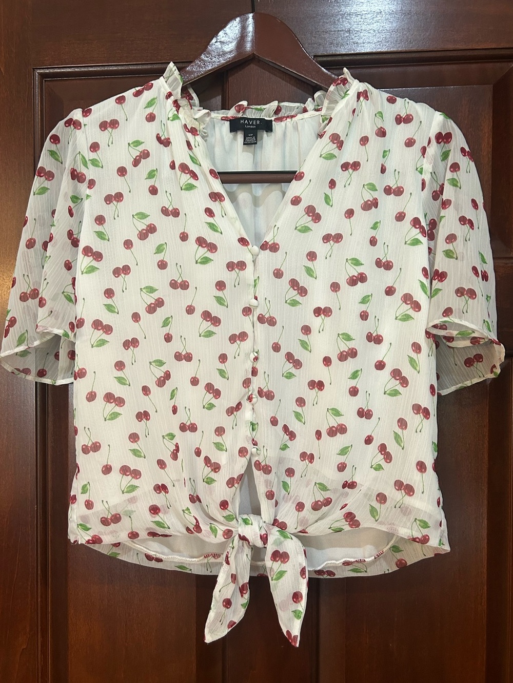 HAVER London Cherry Print Tie Front Blouse Women’s Small